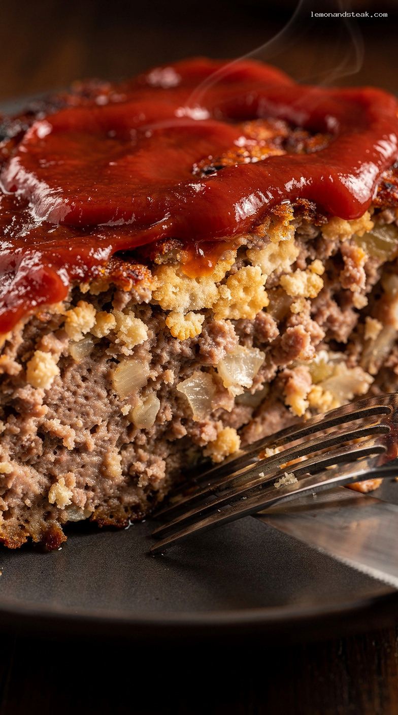 Cracker-Style Homestyle Meatloaf With Classic Ketchup Topping – Closeup