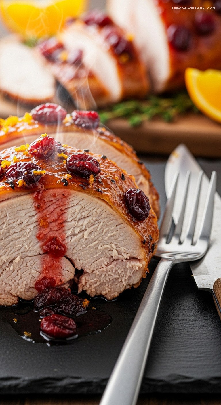 Cranberry-Orange Butter-Basted Turkey with Tart-Sweet Glaze – Closeup