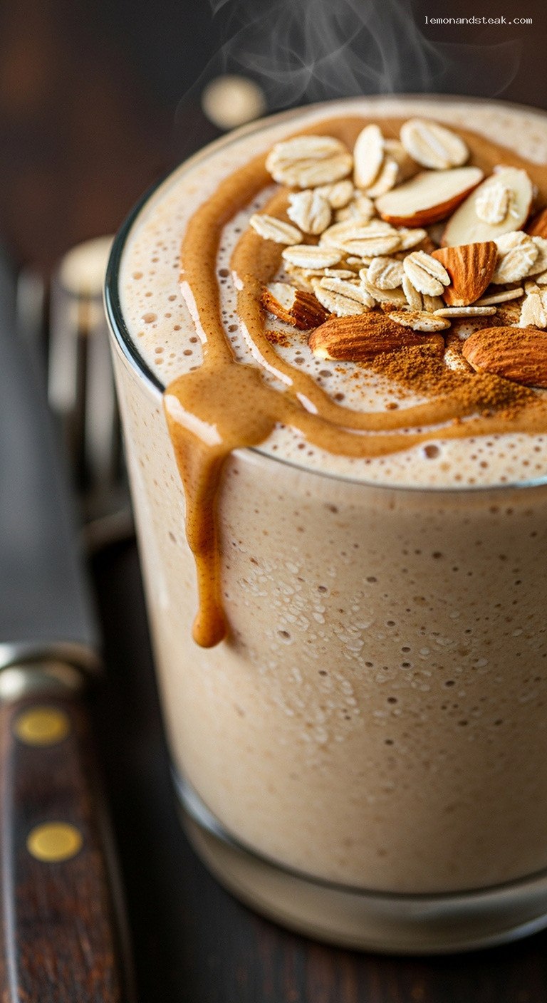 Creamy Almond Vanilla Protein Smoothie With Oats – Closeup