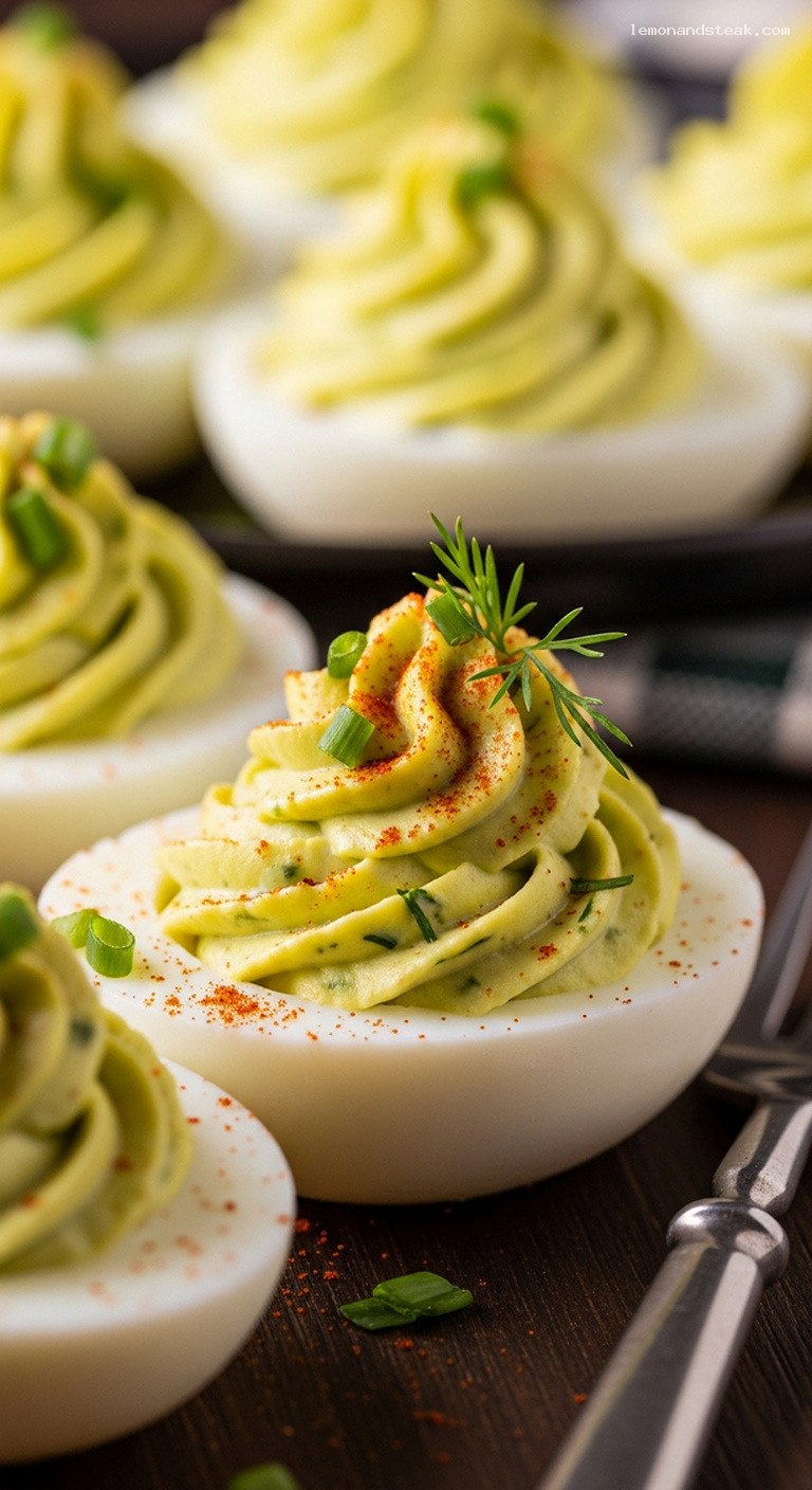 Creamy Avocado Deviled Eggs With Fresh Herbs – Closeup