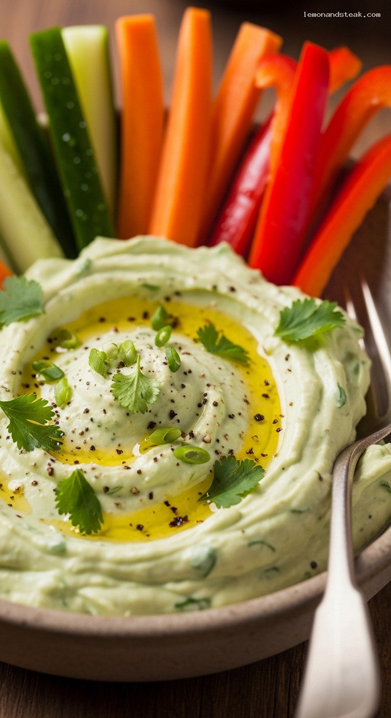 Creamy Avocado Herb Yogurt Dip With Veggie Sticks – Closeup