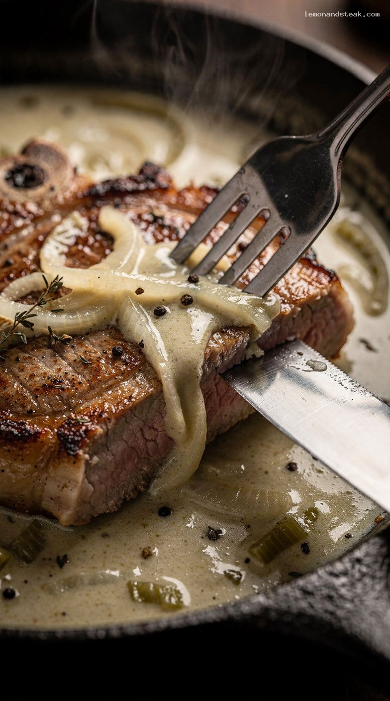 Creamy Celery Onion Smothered Pork Chops – Closeup