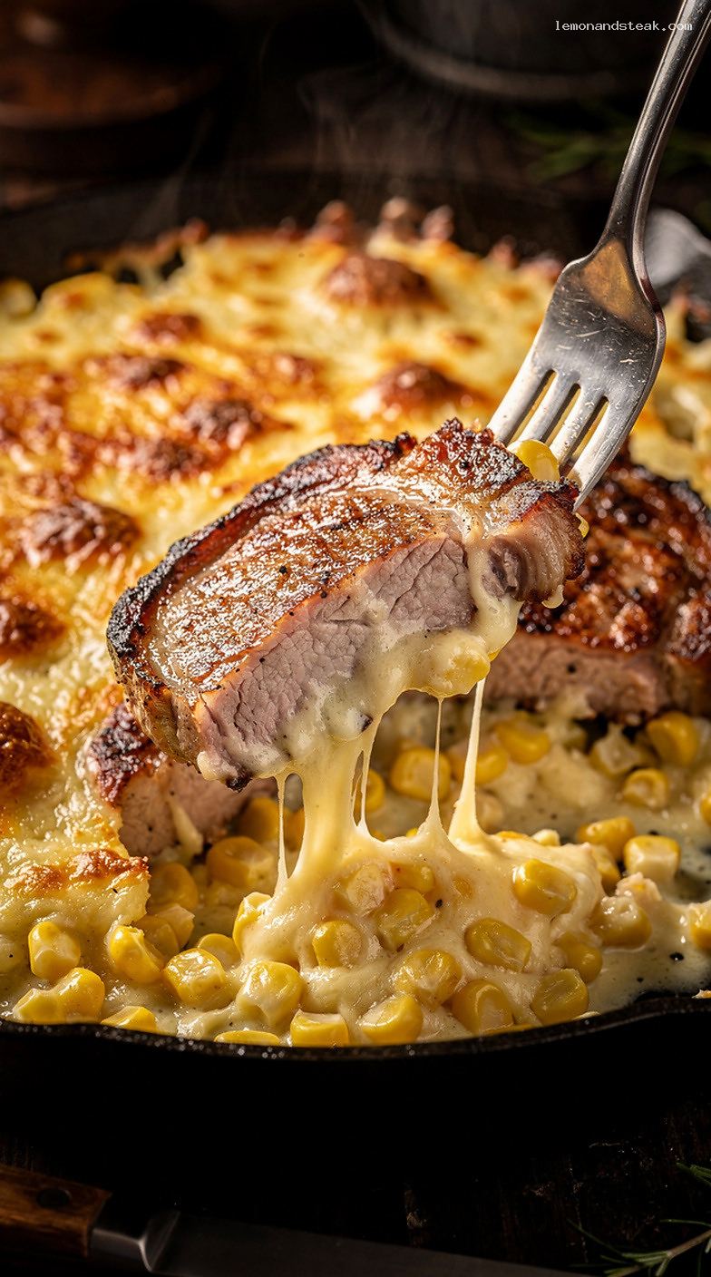 Creamy Cheesy Corn Baked Pork Chops Casserole – Closeup