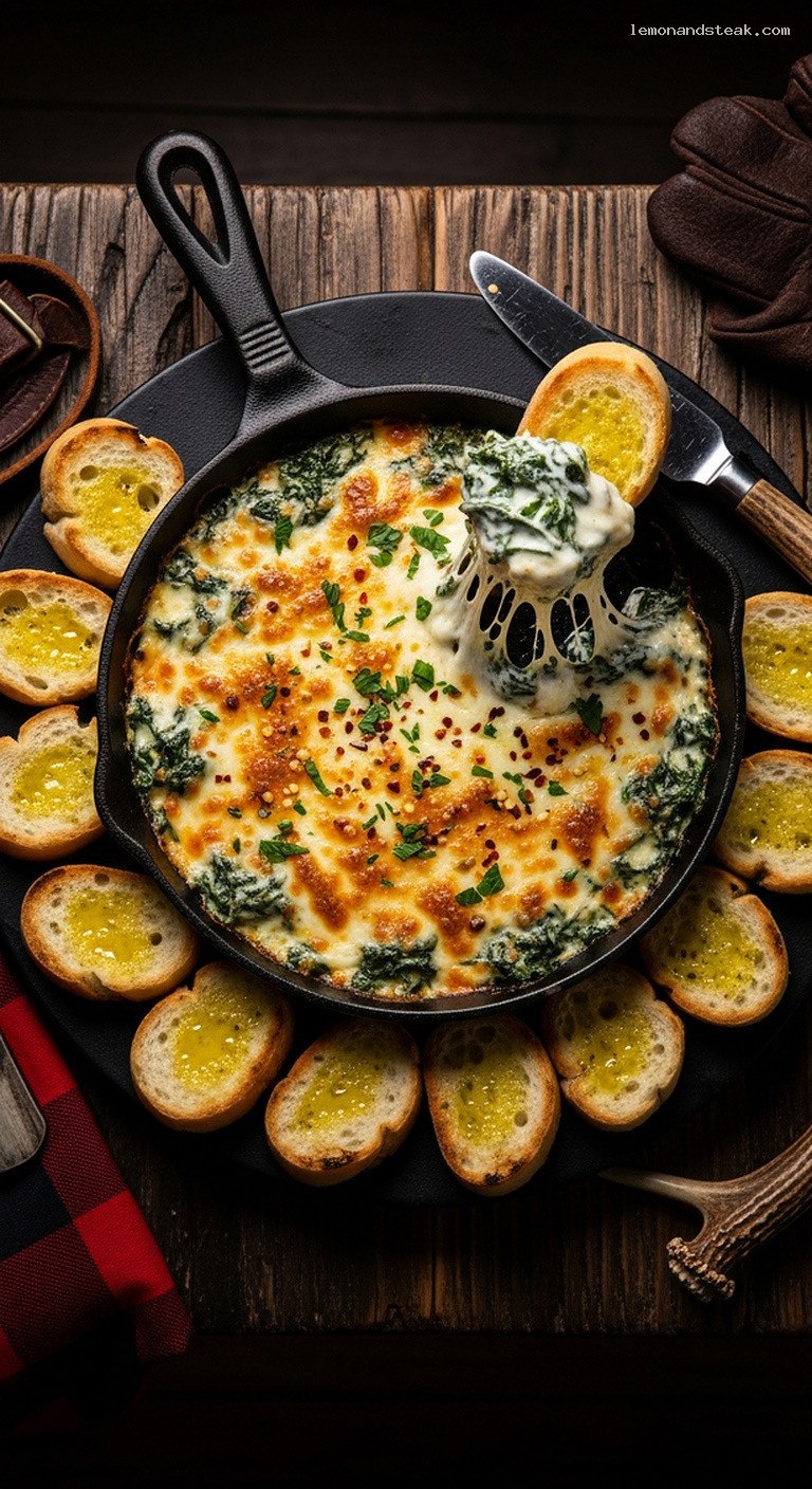 Creamy Cheesy Spinach Dip with Toasted Baguette Slices
