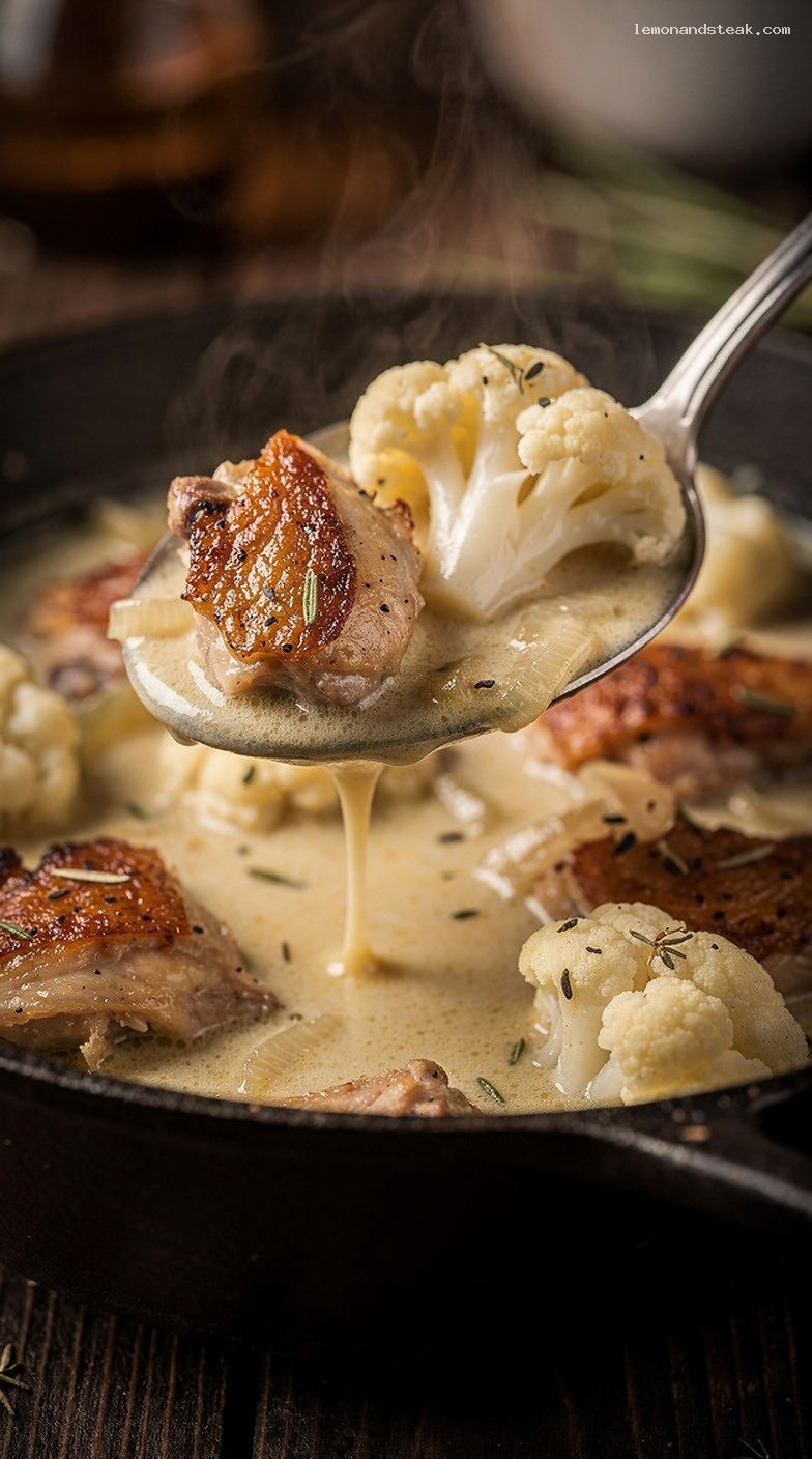 Creamy Chicken and Cauliflower Stew with Herbs – Closeup