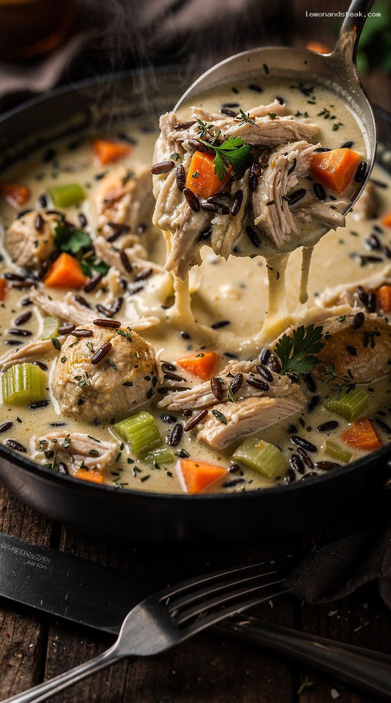 Creamy Chicken and Wild Rice Stew with Herbs and Vegetables – Closeup
