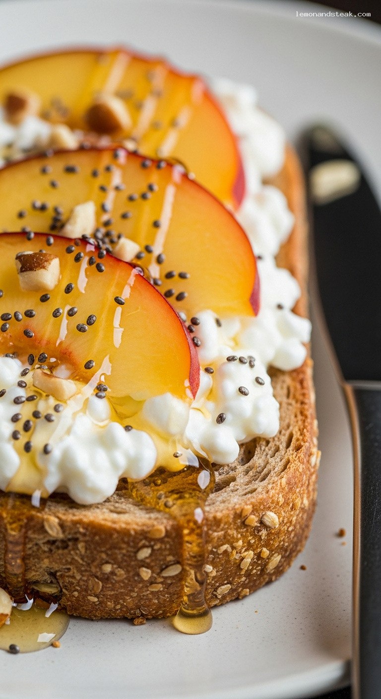 Creamy Cottage Cheese Toast with Peaches and Honey – Closeup