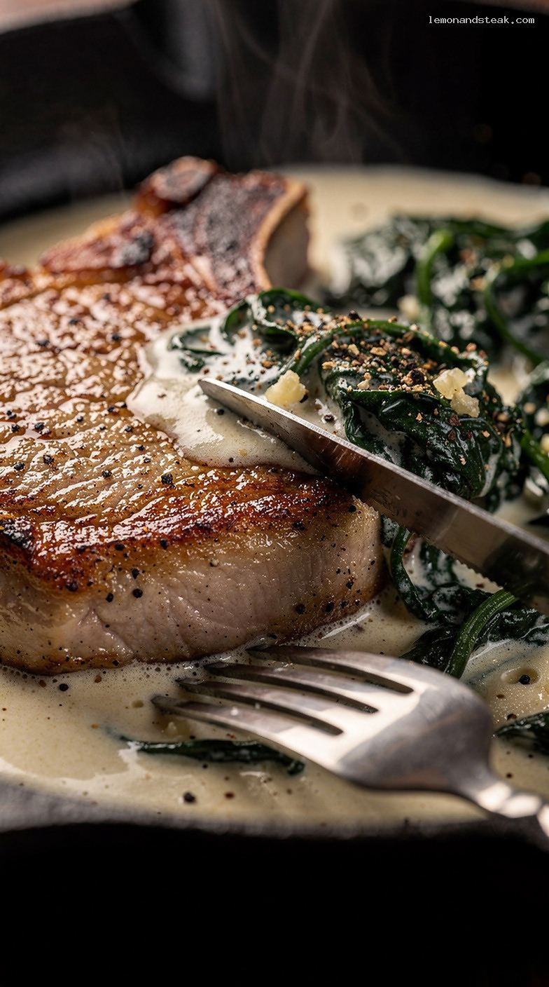 Creamy Garlic Spinach Pork Chops Recipe – Closeup