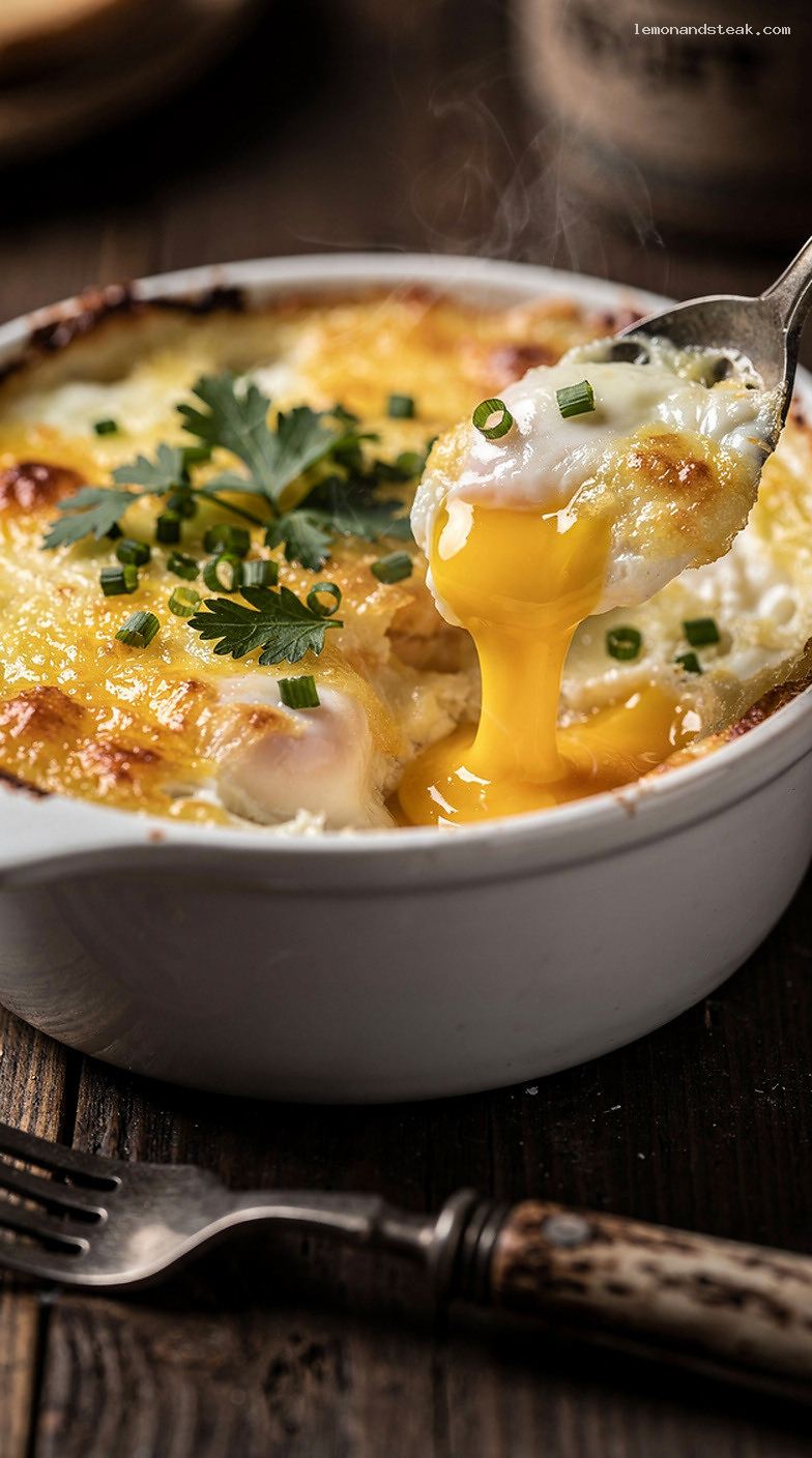 Creamy Herb and Cheese Baked Eggs in Ramekins – Closeup