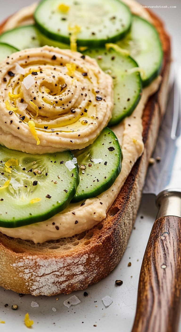 Creamy Hummus and Cucumber Toast with Lemon Zest – Closeup
