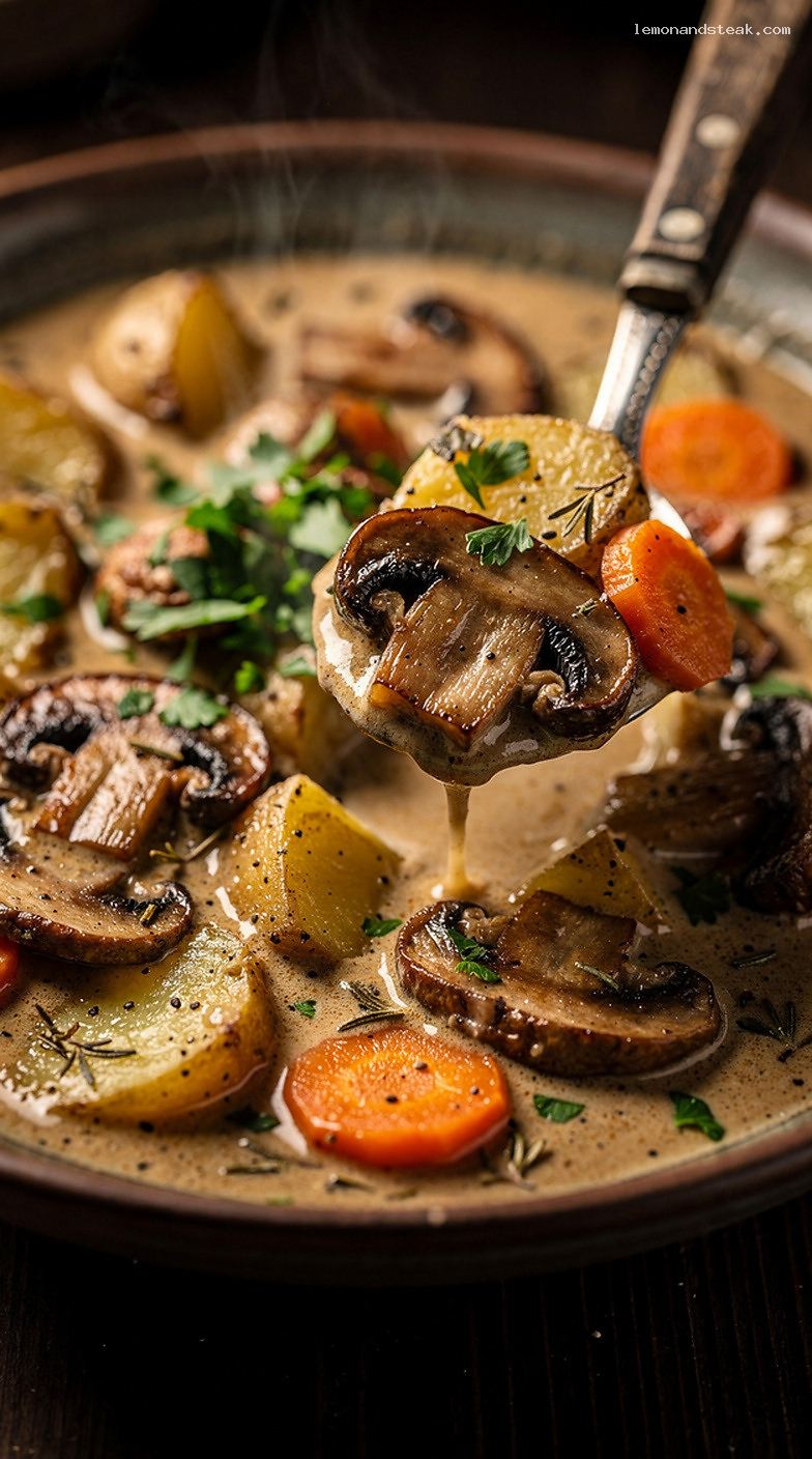 Creamy Mushroom and Vegetable Stew with Herbs – Closeup