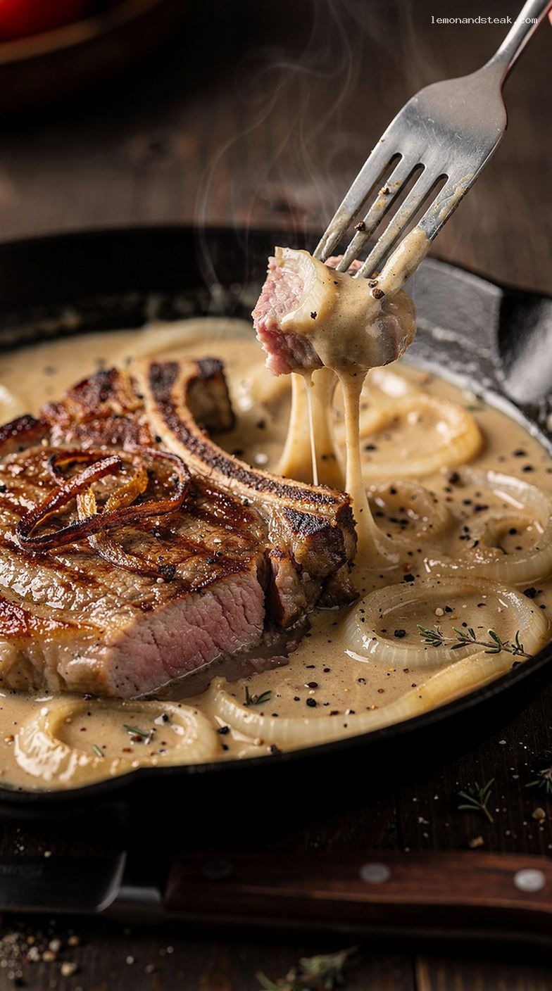 Creamy Onion Pork Chops in Sour Cream Sauce – Closeup