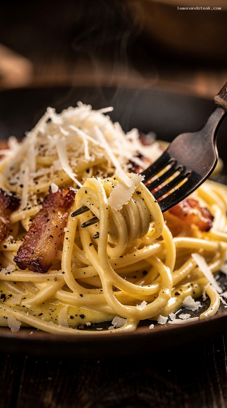 Creamy Pasta Carbonara With Egg, Cheese, and Cured Pork Sauce – Closeup