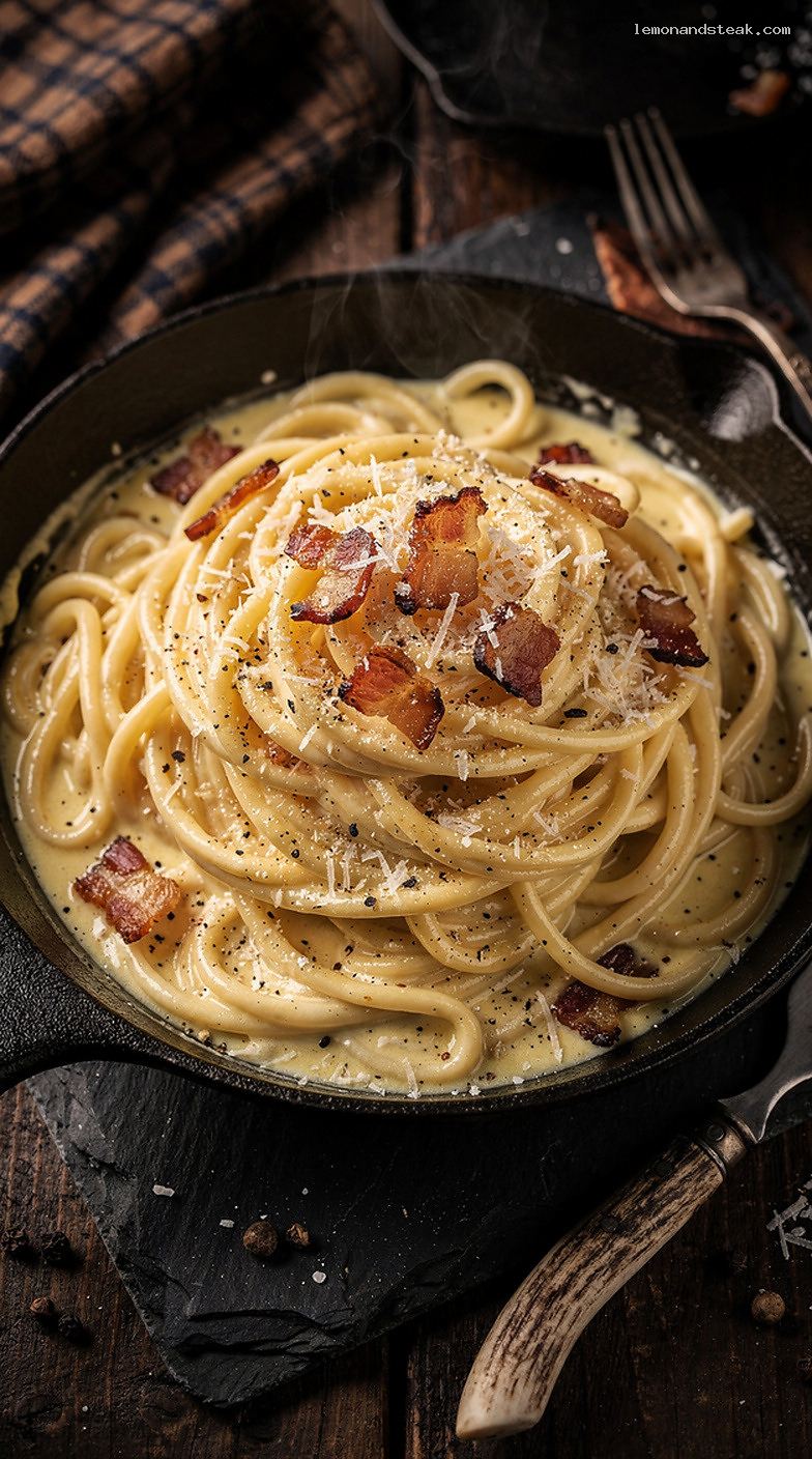 Creamy Pasta Carbonara With Egg, Cheese, and Cured Pork Sauce