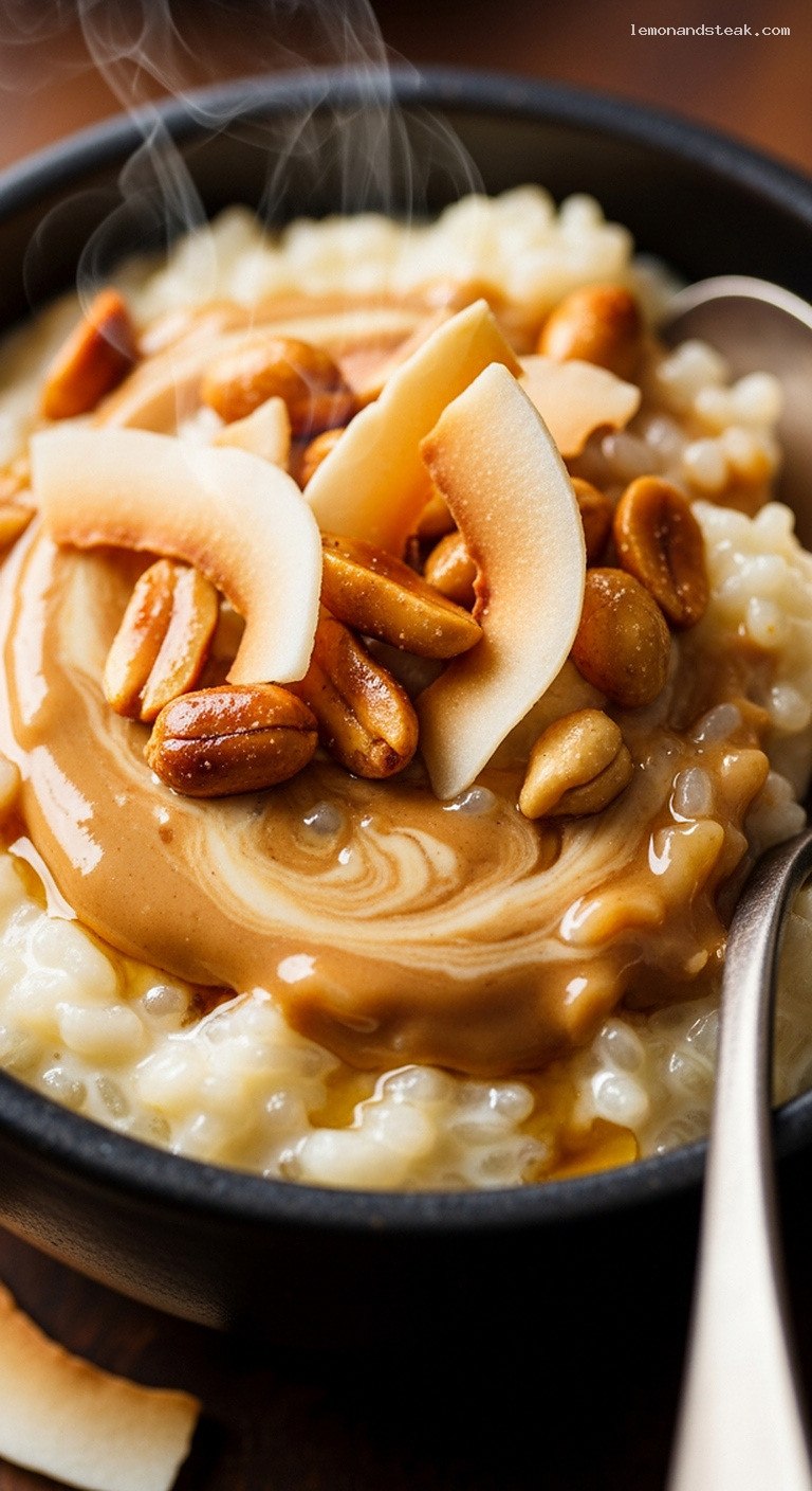 Creamy Peanut Butter Coconut Rice Pudding with Toasted Peanuts – Closeup