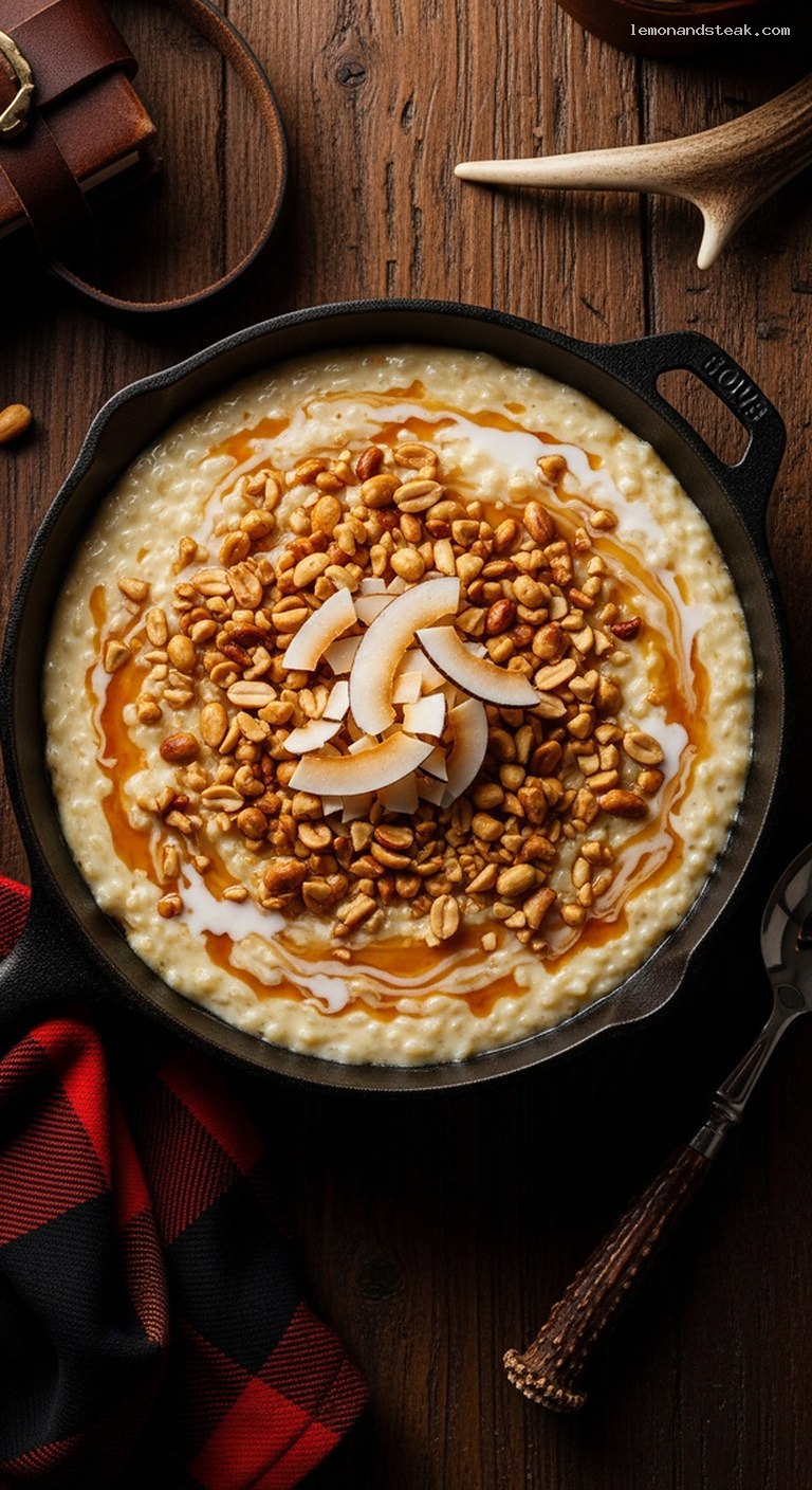 Creamy Peanut Butter Coconut Rice Pudding with Toasted Peanuts