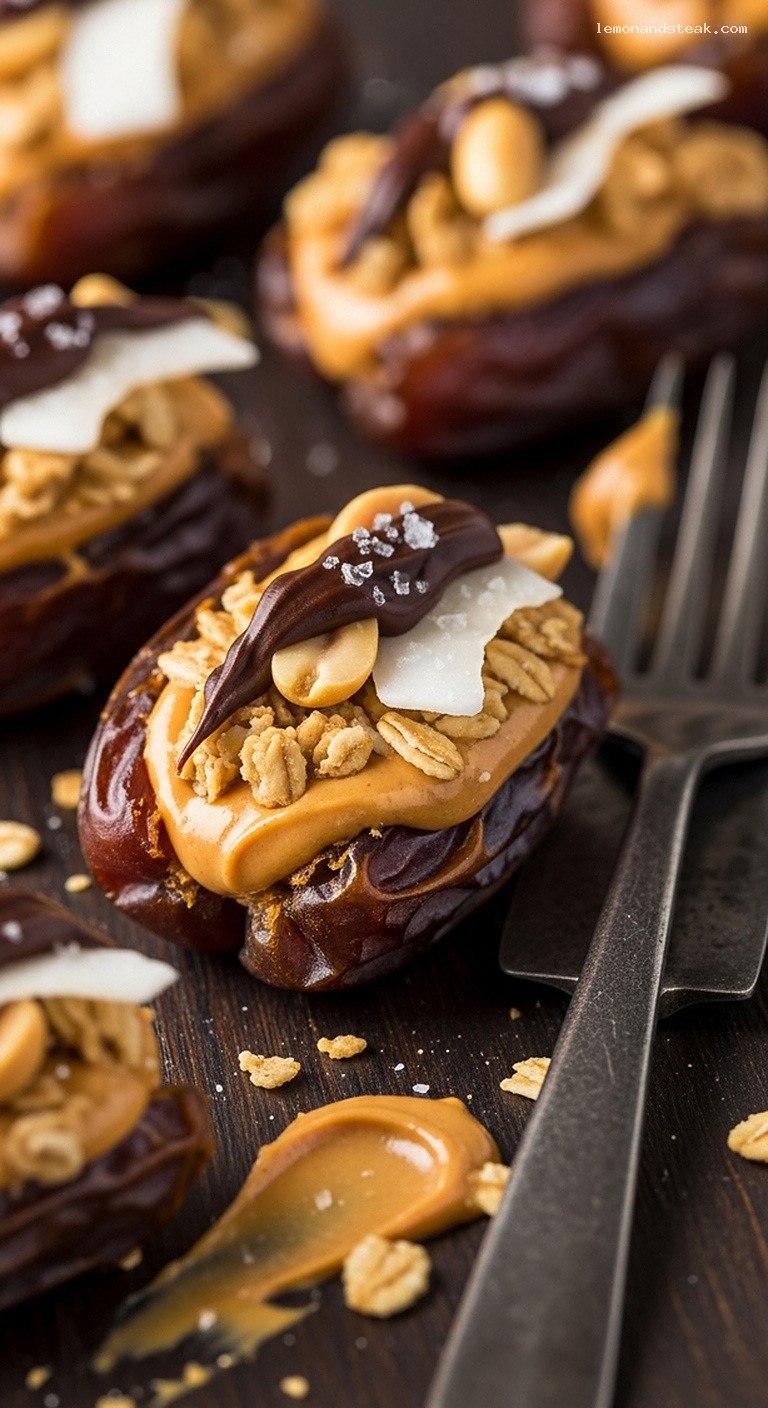 Creamy Peanut Butter Granola Stuffed Dates – Closeup