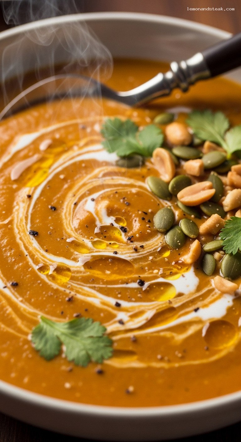 Creamy Peanut Butter Pumpkin Soup with Roasted Garlic – Closeup