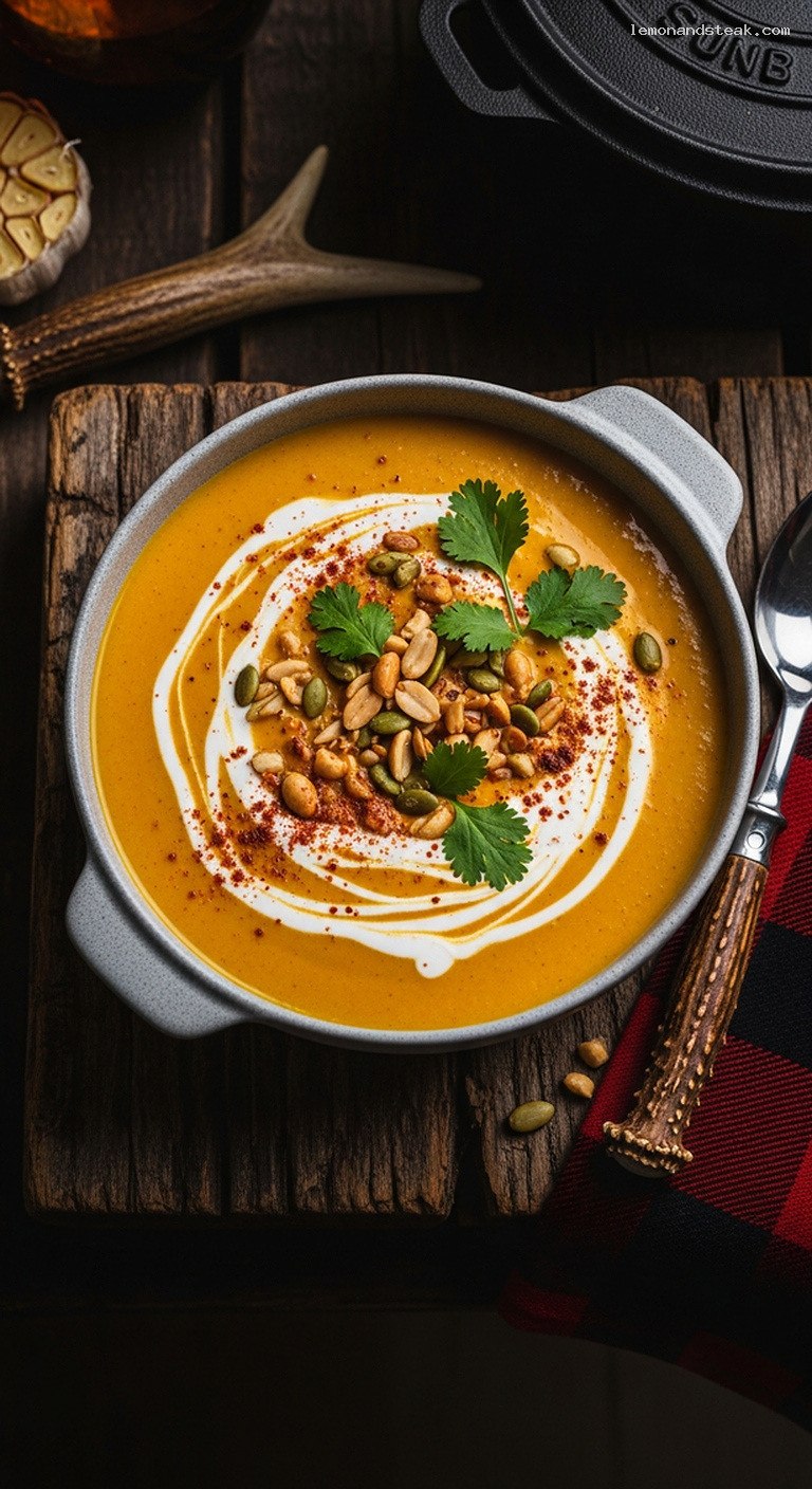 Creamy Peanut Butter Pumpkin Soup with Roasted Garlic