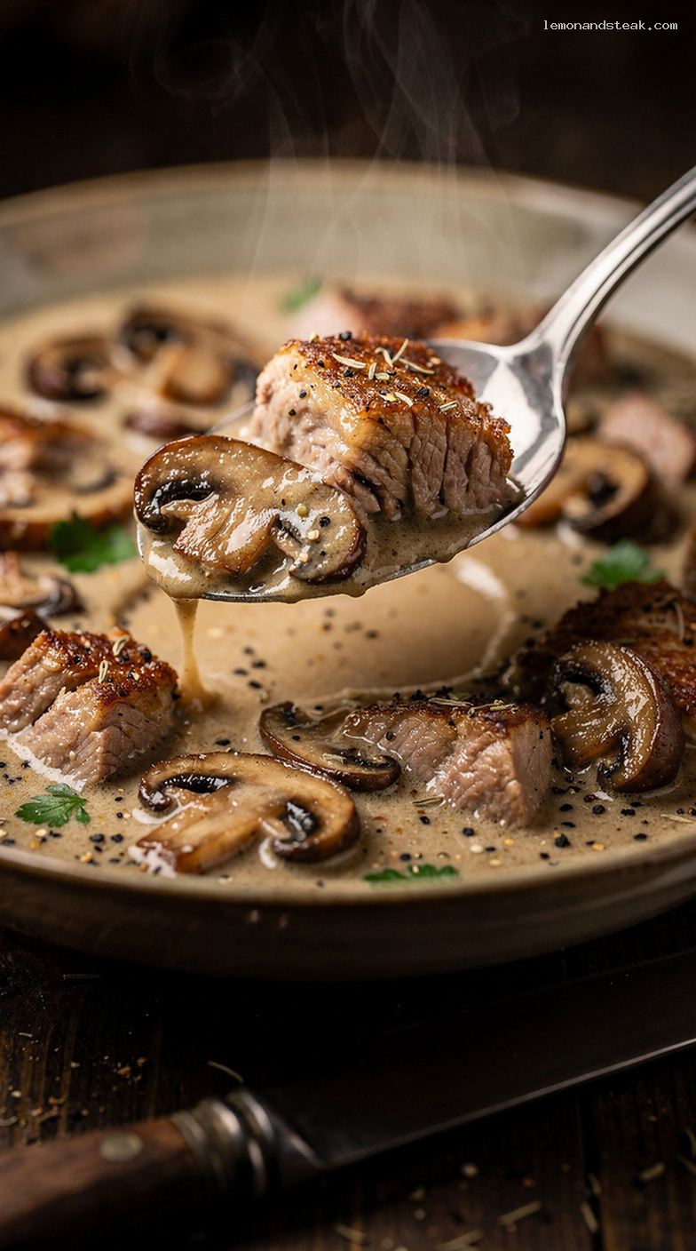 Creamy Pork and Mushroom Stew with Herbs and Garlic – Closeup