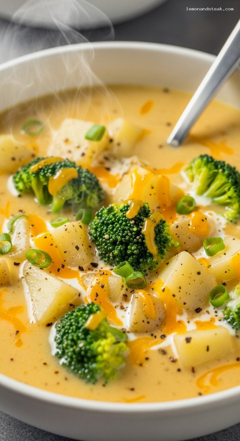 Creamy Potato and Broccoli Cheddar Soup – Closeup