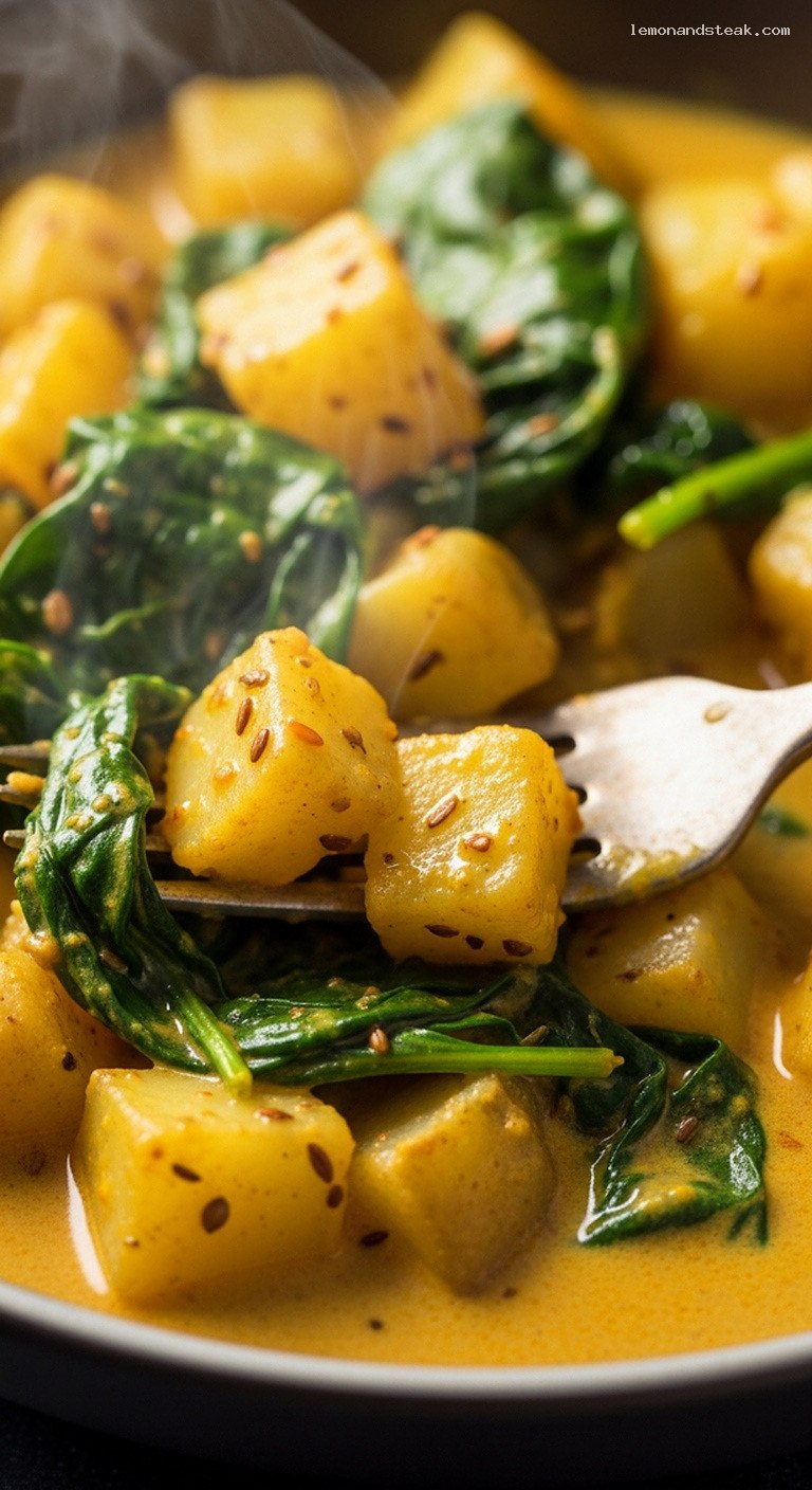 Creamy Potato and Spinach Curry with Warm Spices – Closeup