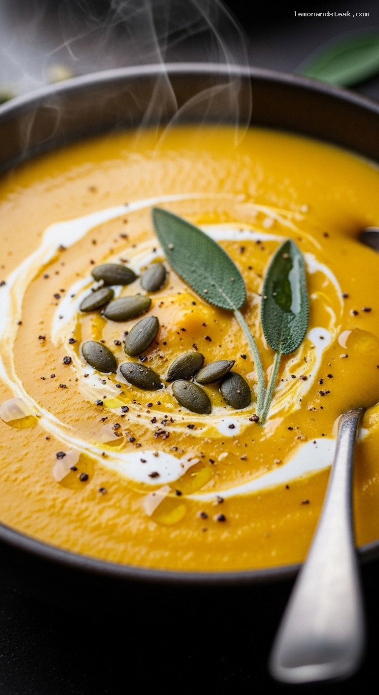 Creamy Potato Pumpkin Soup with Nutmeg and Sage – Closeup