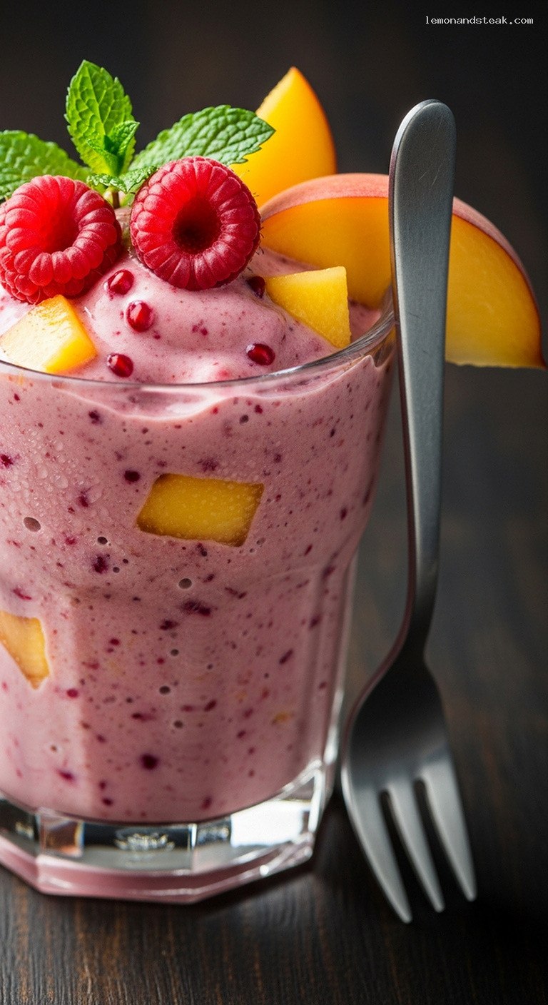 Creamy Raspberry Peach Smoothie for Summer – Closeup