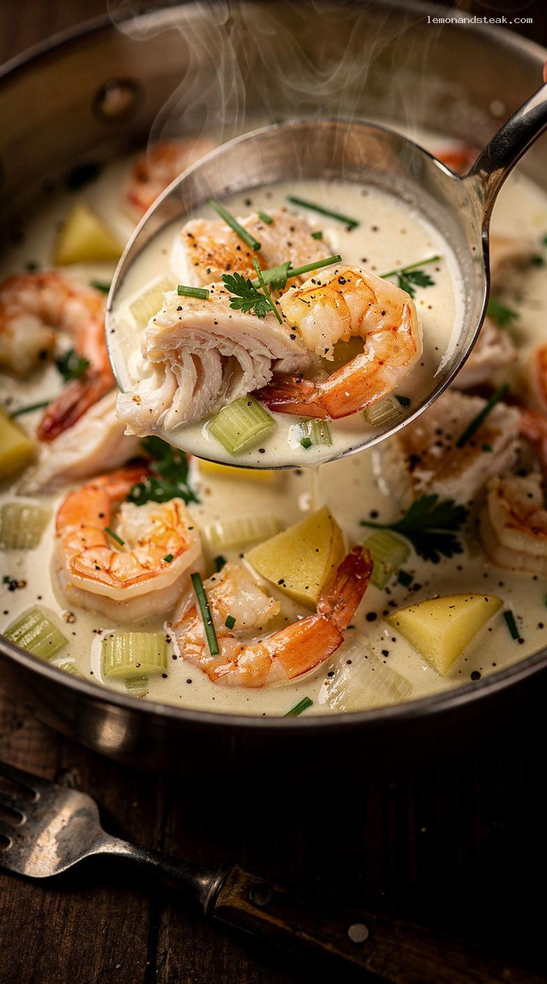Creamy Seafood Chowder Stew With Fish, Shrimp, and Potatoes – Closeup