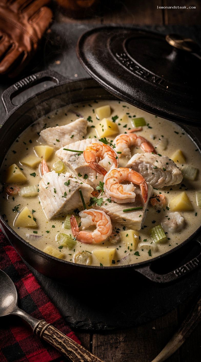 Creamy Seafood Chowder Stew With Fish, Shrimp, and Potatoes