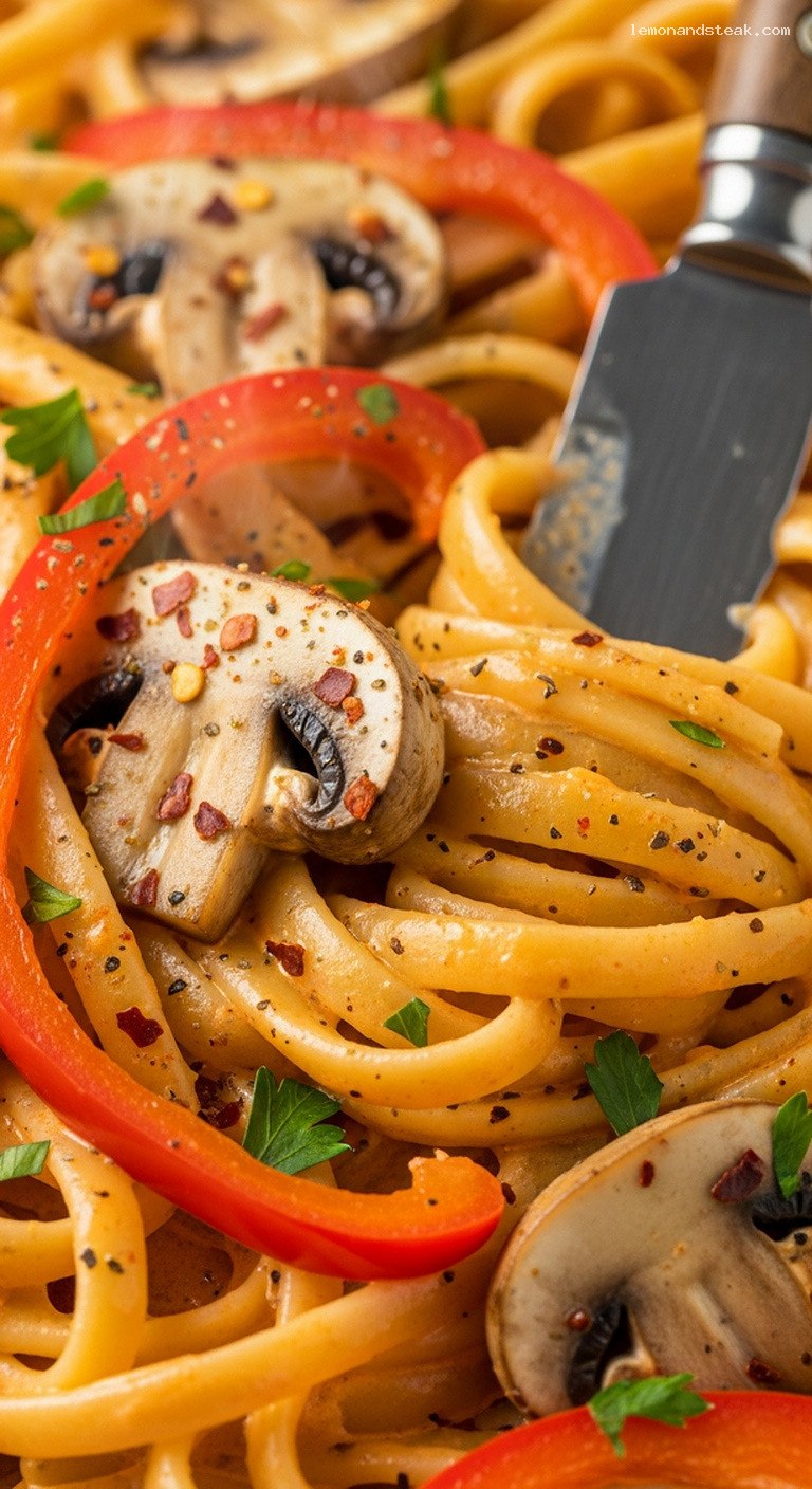 Creamy Spicy Cajun Mushroom Pasta – Closeup