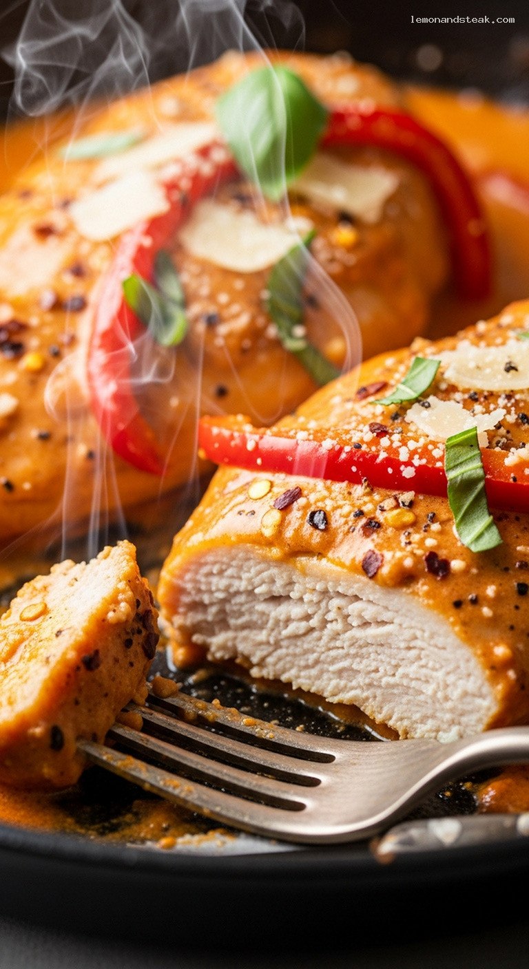 Creamy Spicy Roasted Red Pepper Parmesan Chicken – Closeup