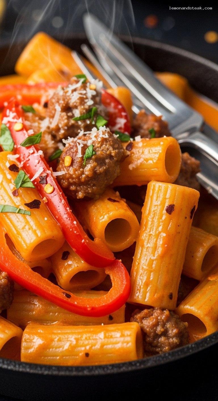 Creamy Spicy Sausage and Roasted Red Pepper Rigatoni – Closeup
