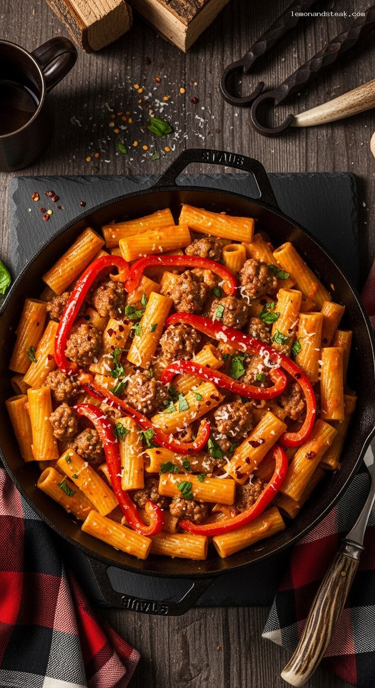 Creamy Spicy Sausage and Roasted Red Pepper Rigatoni