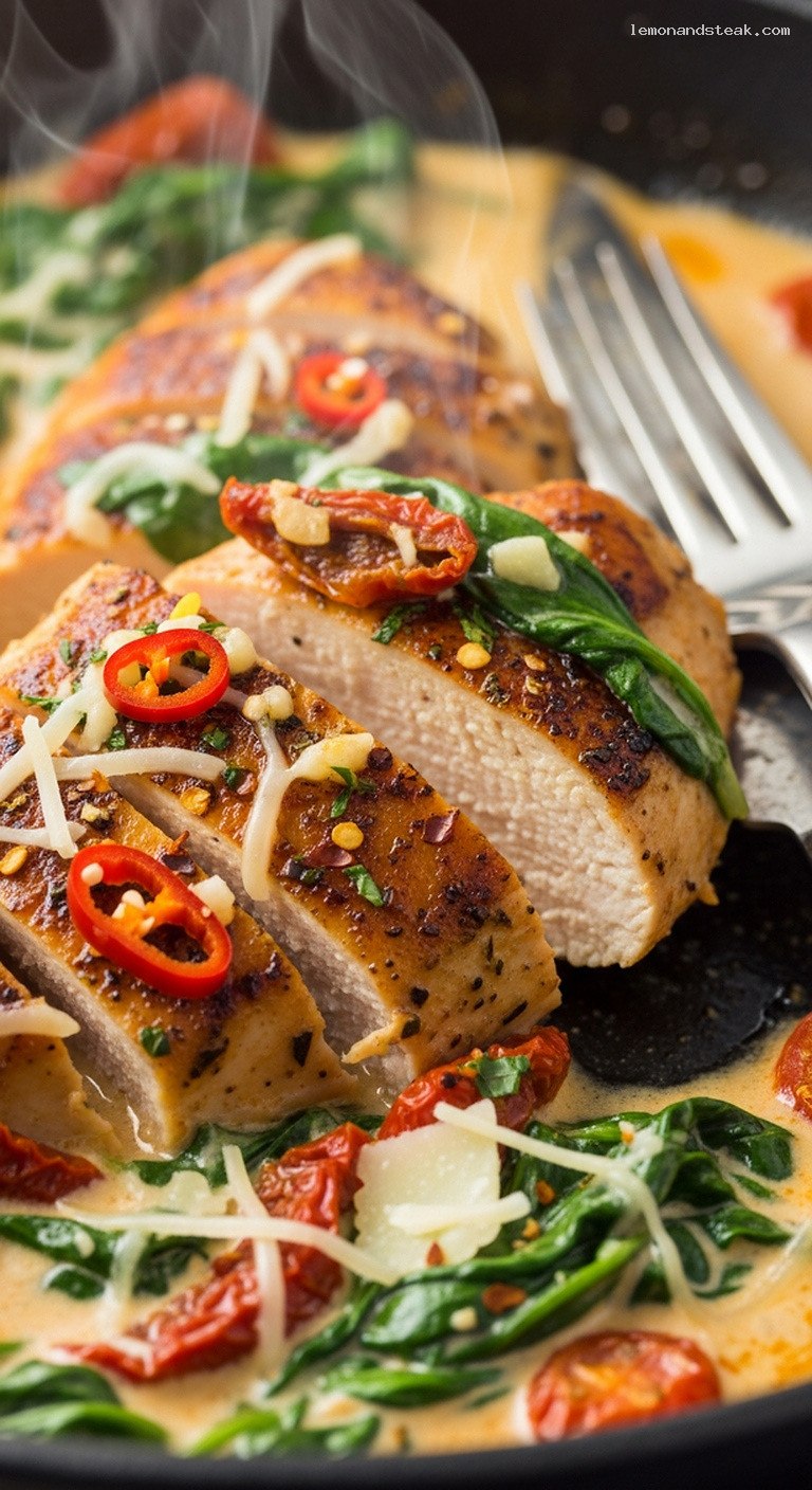 Creamy Spicy Tuscan Chicken Skillet With Spinach – Closeup