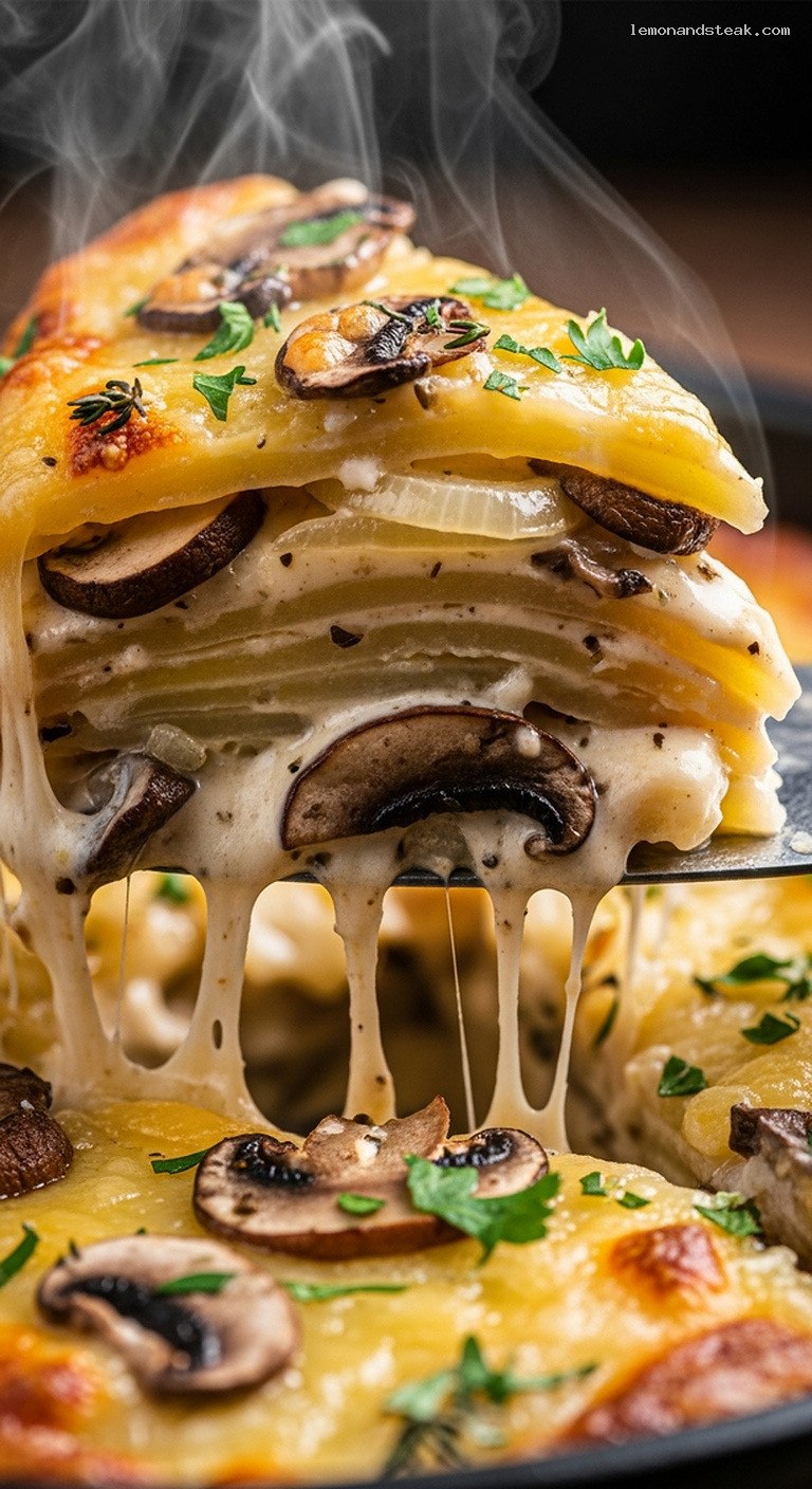 Creamy Thyme Potato and Mushroom Bake – Closeup