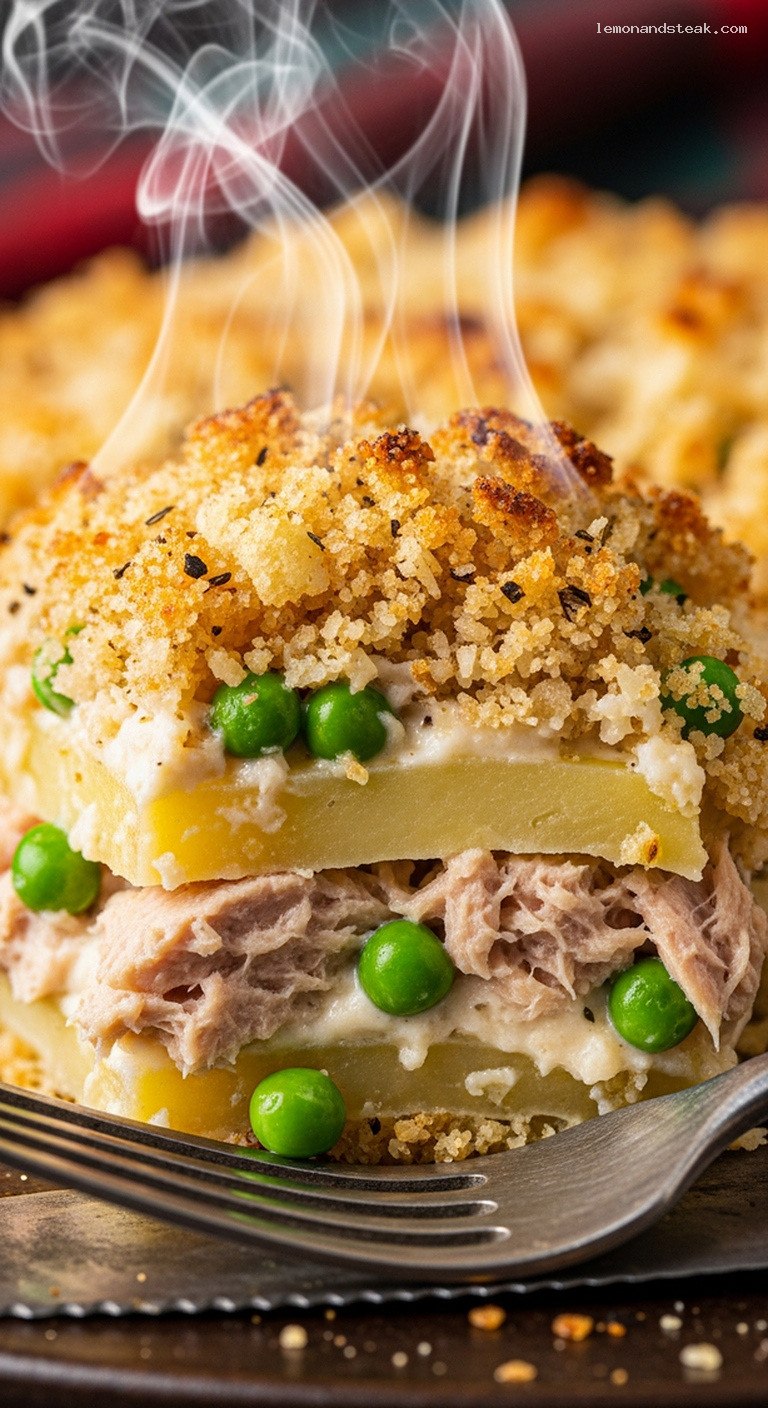Creamy Tuna Potato Casserole with Peas and Crunchy Topping – Closeup