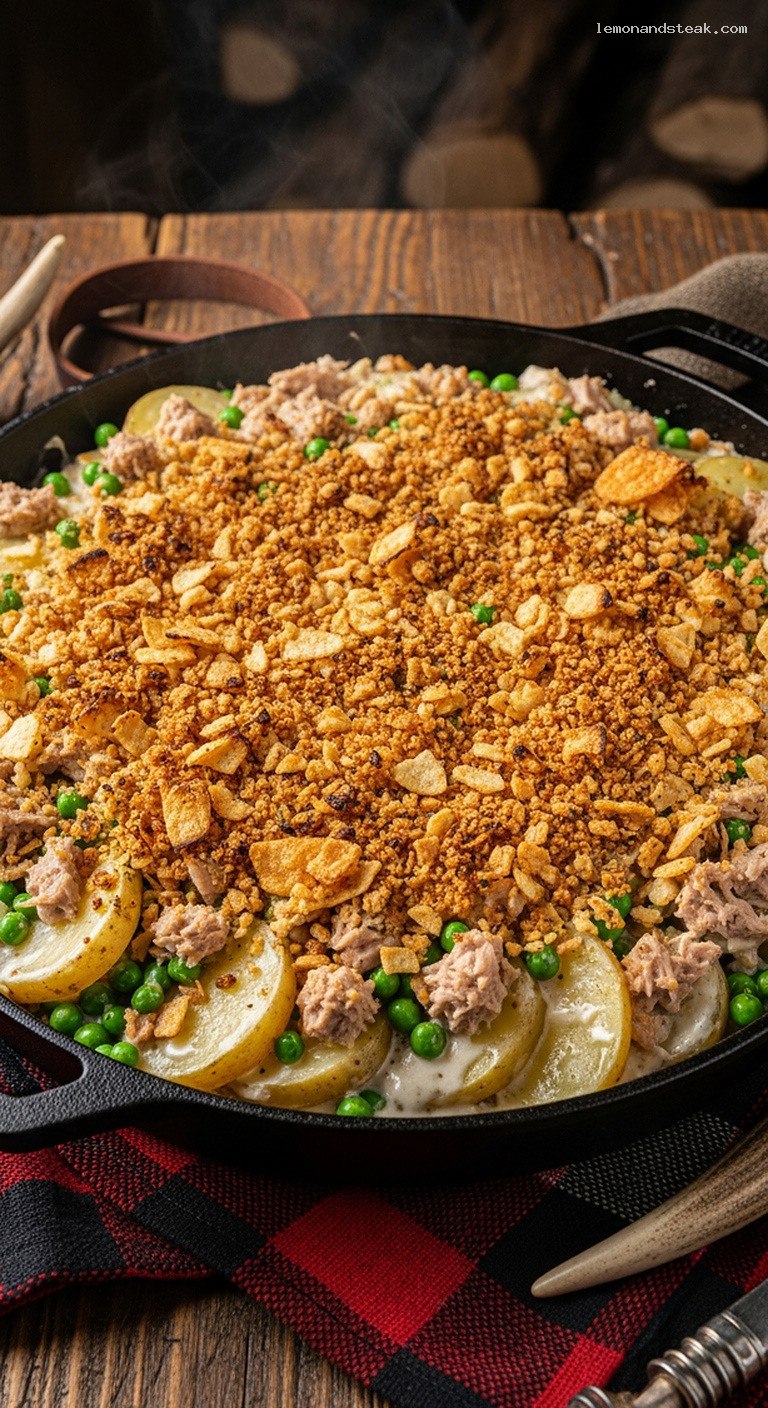 Creamy Tuna Potato Casserole with Peas and Crunchy Topping