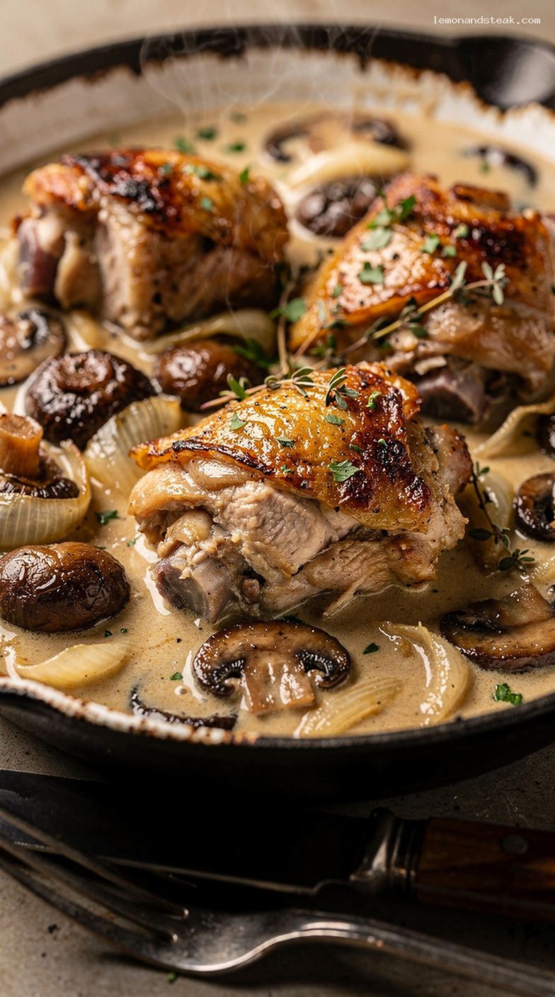 Creamy Turkey and Mushroom Stew with Herbs – Closeup