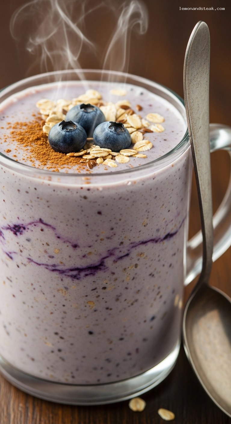 Creamy Vanilla Blueberry Oat Breakfast Drink – Closeup