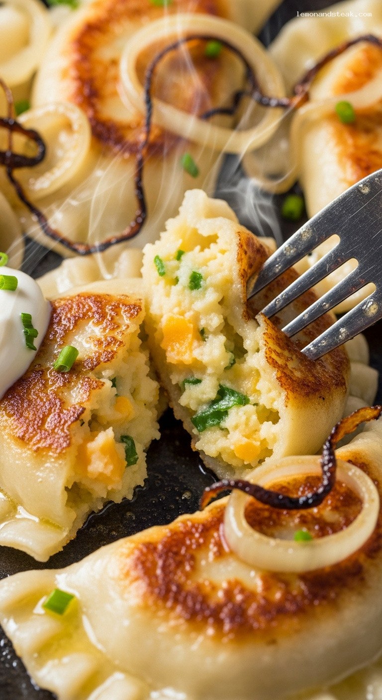 Crispy Butter-Seared Potato and Cheese Pierogi – Closeup