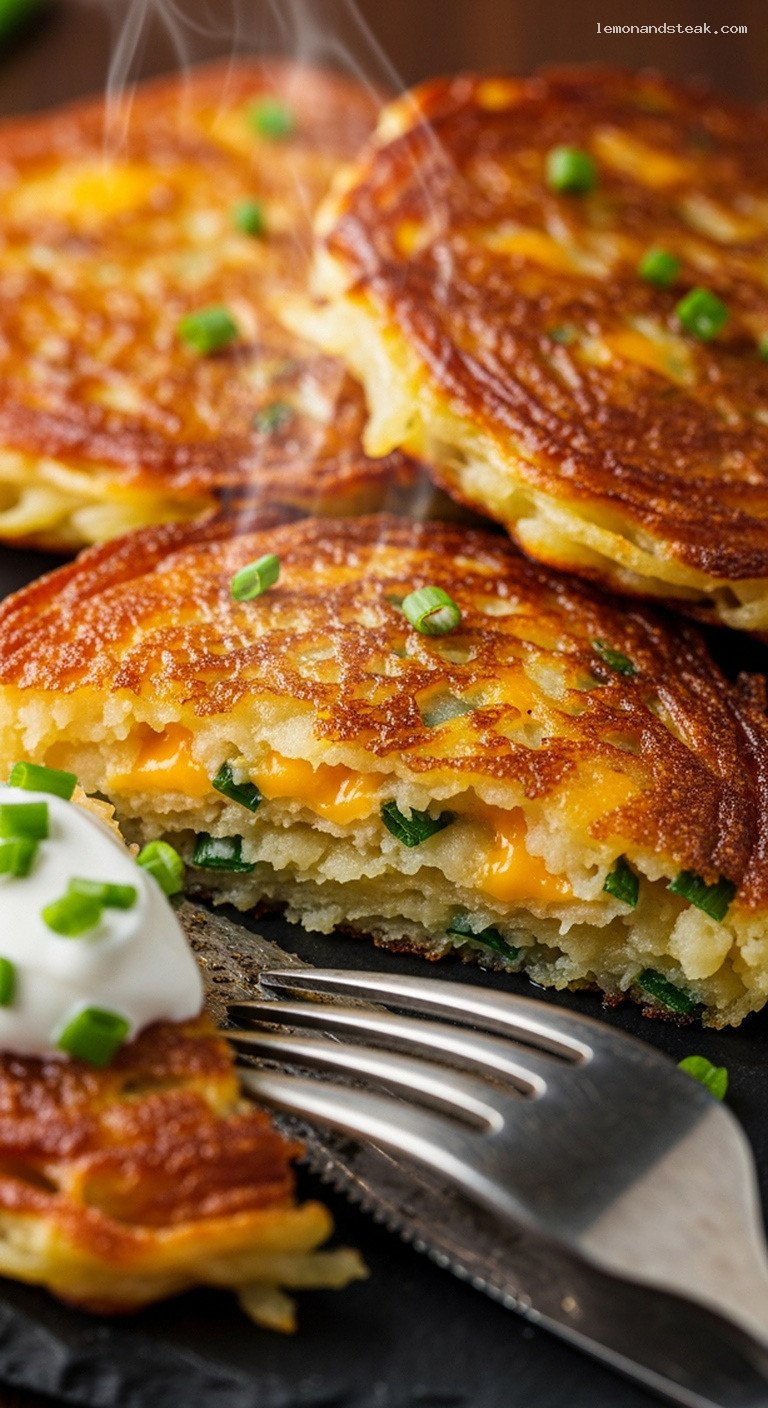 Crispy Cheddar and Chive Potato Pancakes – Closeup