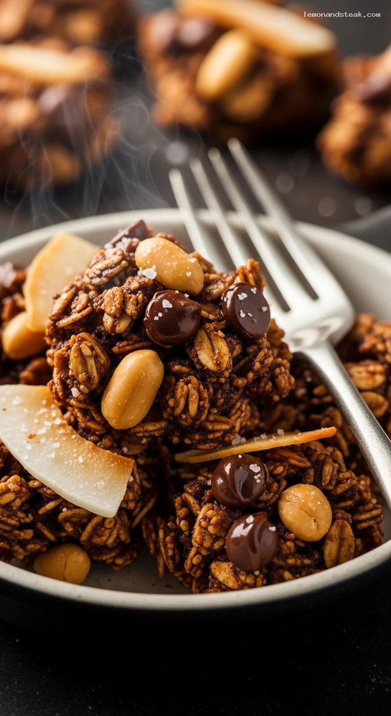 Crispy Chocolate Peanut Coconut Granola Clusters – Closeup