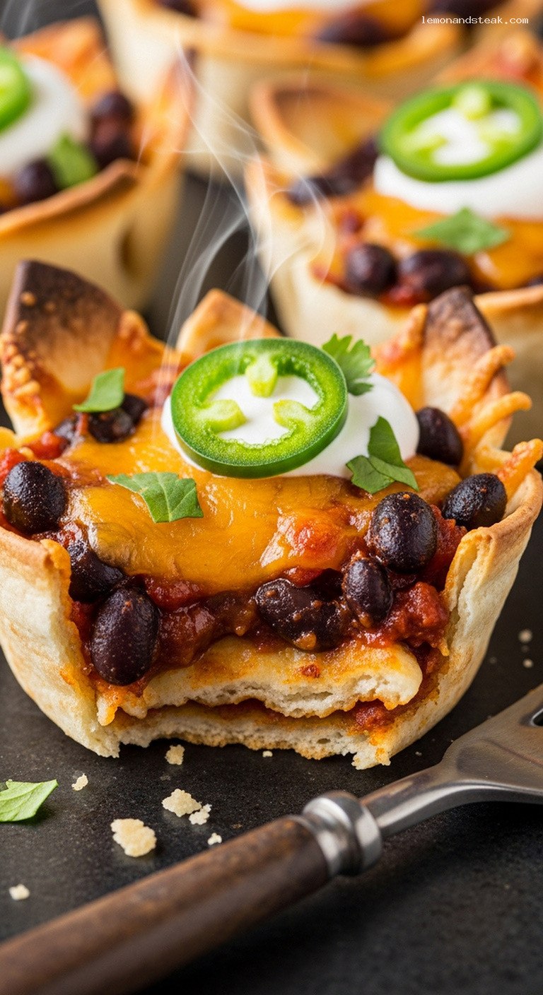 Crispy Mini Tortilla Taco Cups With Beans and Cheese – Closeup