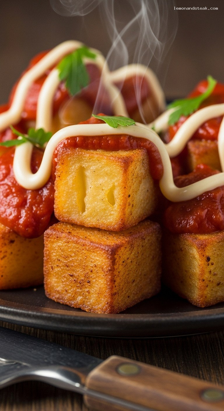 Crispy Patatas Bravas with Smoky Tomato Sauce and Aioli – Closeup