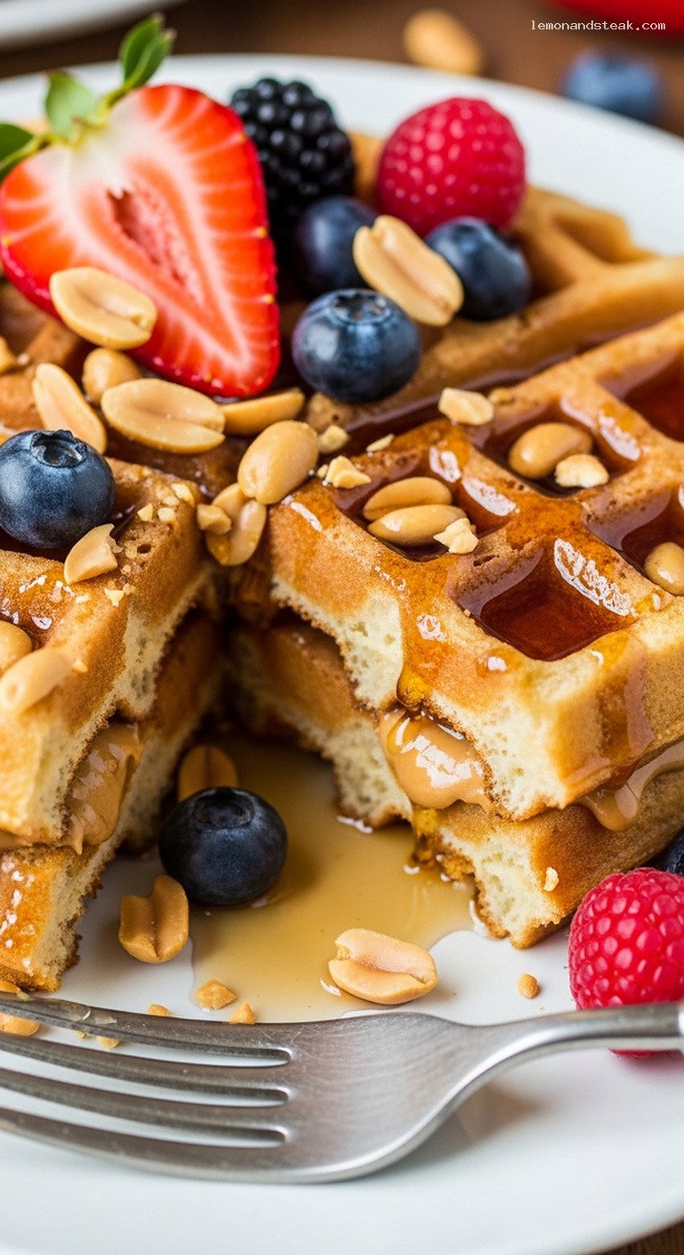 Crispy Peanut Butter Vanilla Waffles with Berries – Closeup