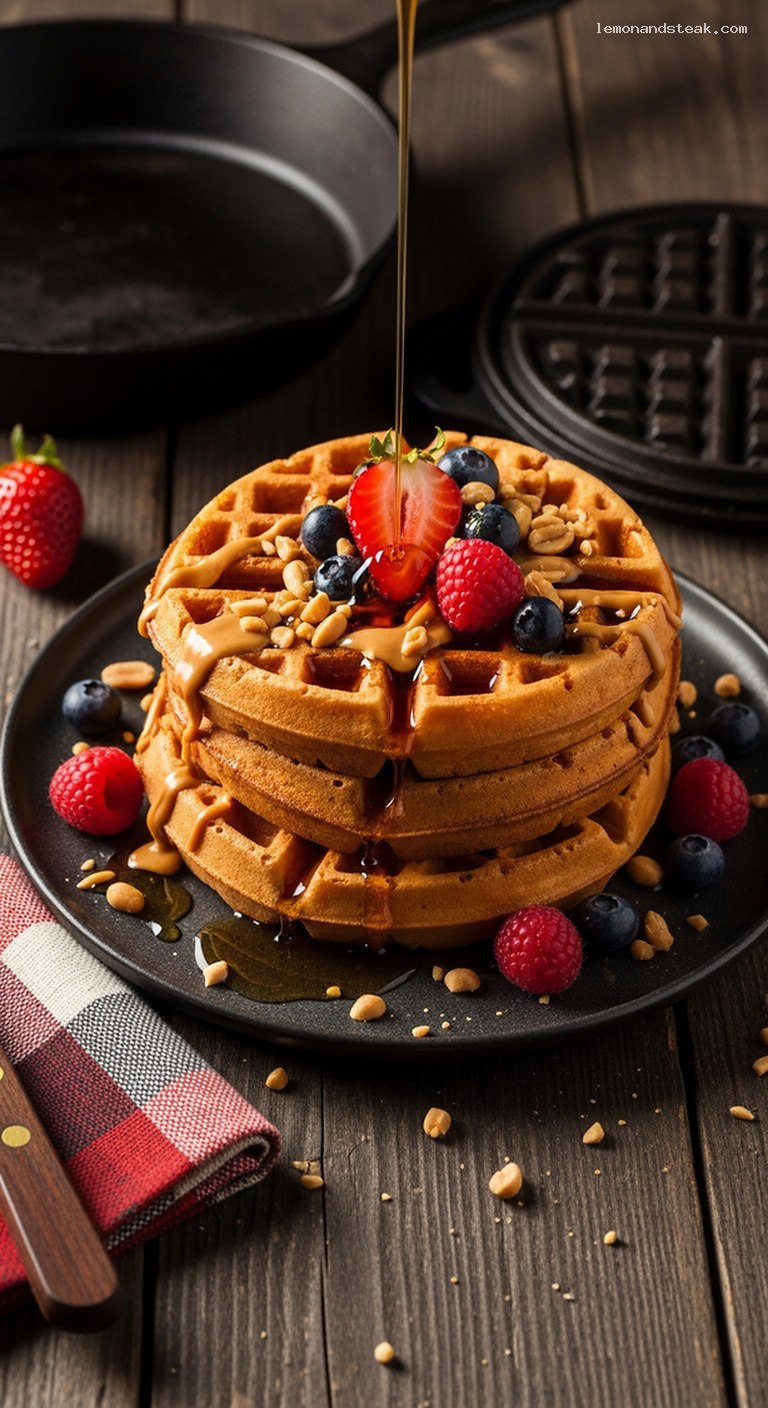 Crispy Peanut Butter Vanilla Waffles with Berries