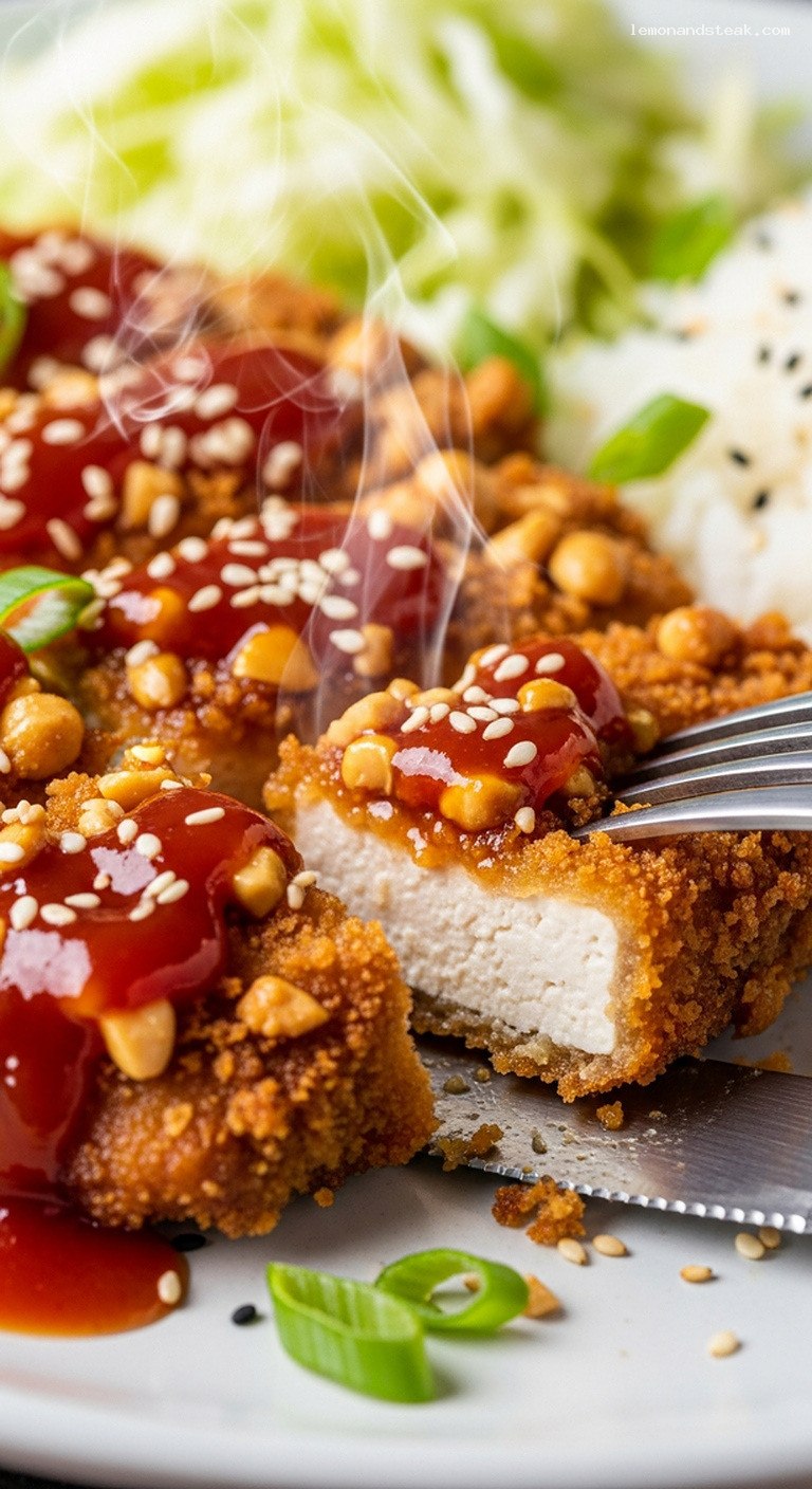 Crispy Peanut-Crusted Tofu Katsu With Tangy Dipping Sauce – Closeup