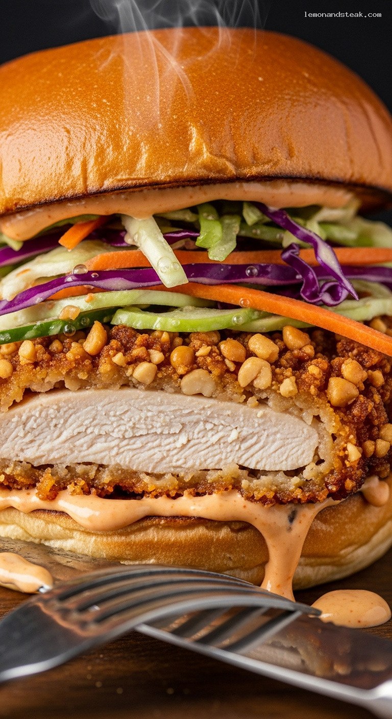 Crispy Peanut-Fried Chicken Sandwich with Spicy Slaw – Closeup