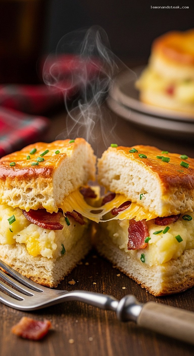 Crispy Potato and Bacon Stuffed Breakfast Biscuits – Closeup